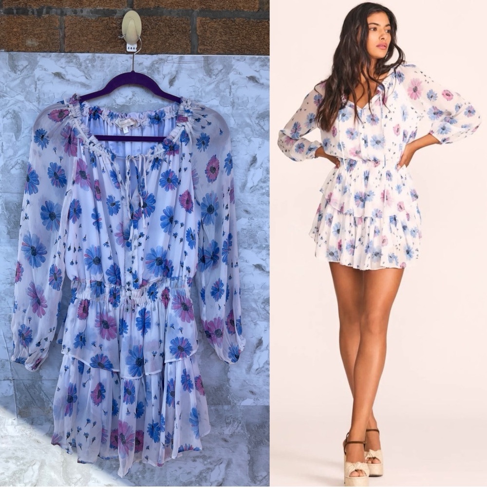 LoveShackFancy Chiffon Floral Mini Dress Blue Purple Daisy Cottagecore Coquette